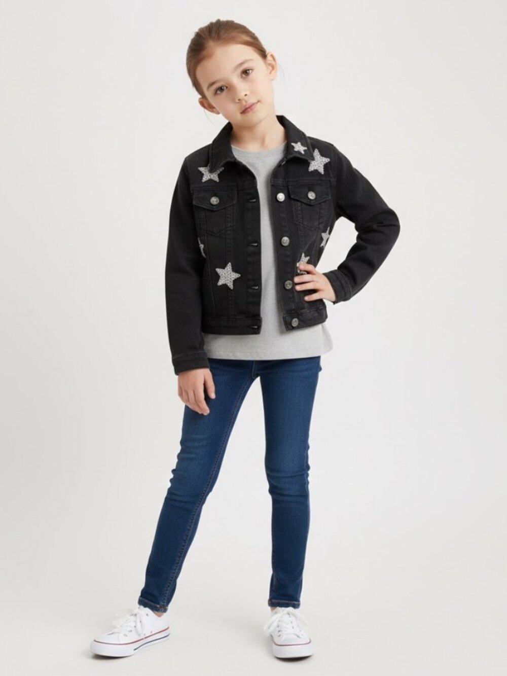 Girl's Black Denim Star Embellished Jacket Wonder Nation Size 7-8 M